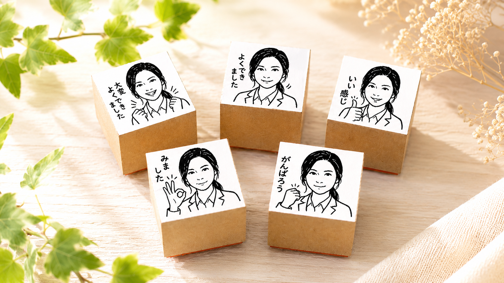 先生スタンプ5種セット完成写真｜5表情の似顔絵ゴム印が5本揃った状態