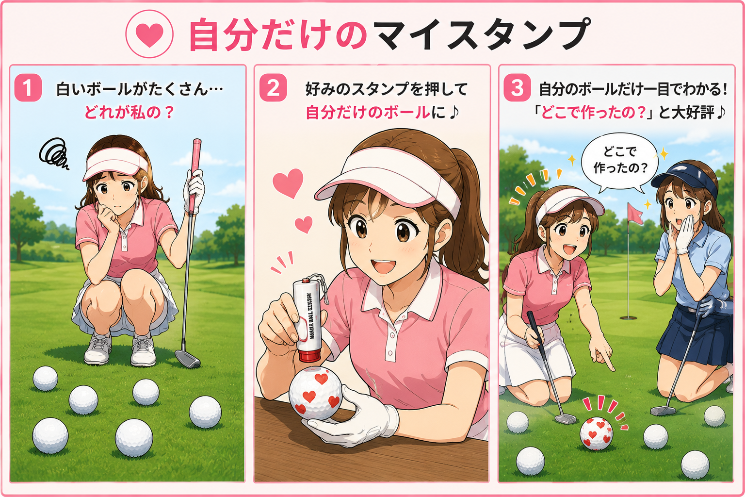 自分好みのかわいいスタンプでボールをマーキング・他のボールと見分ける3コマ漫画