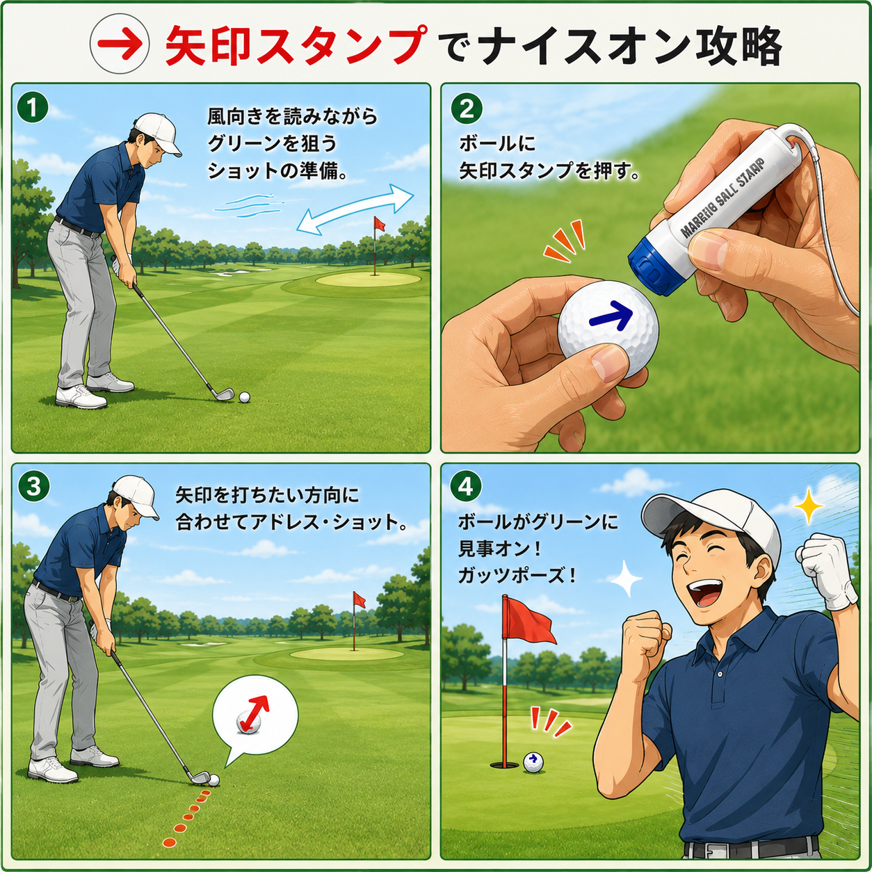矢印スタンプのゴルフボールで方向を合わせてグリーンオン4コマ漫画