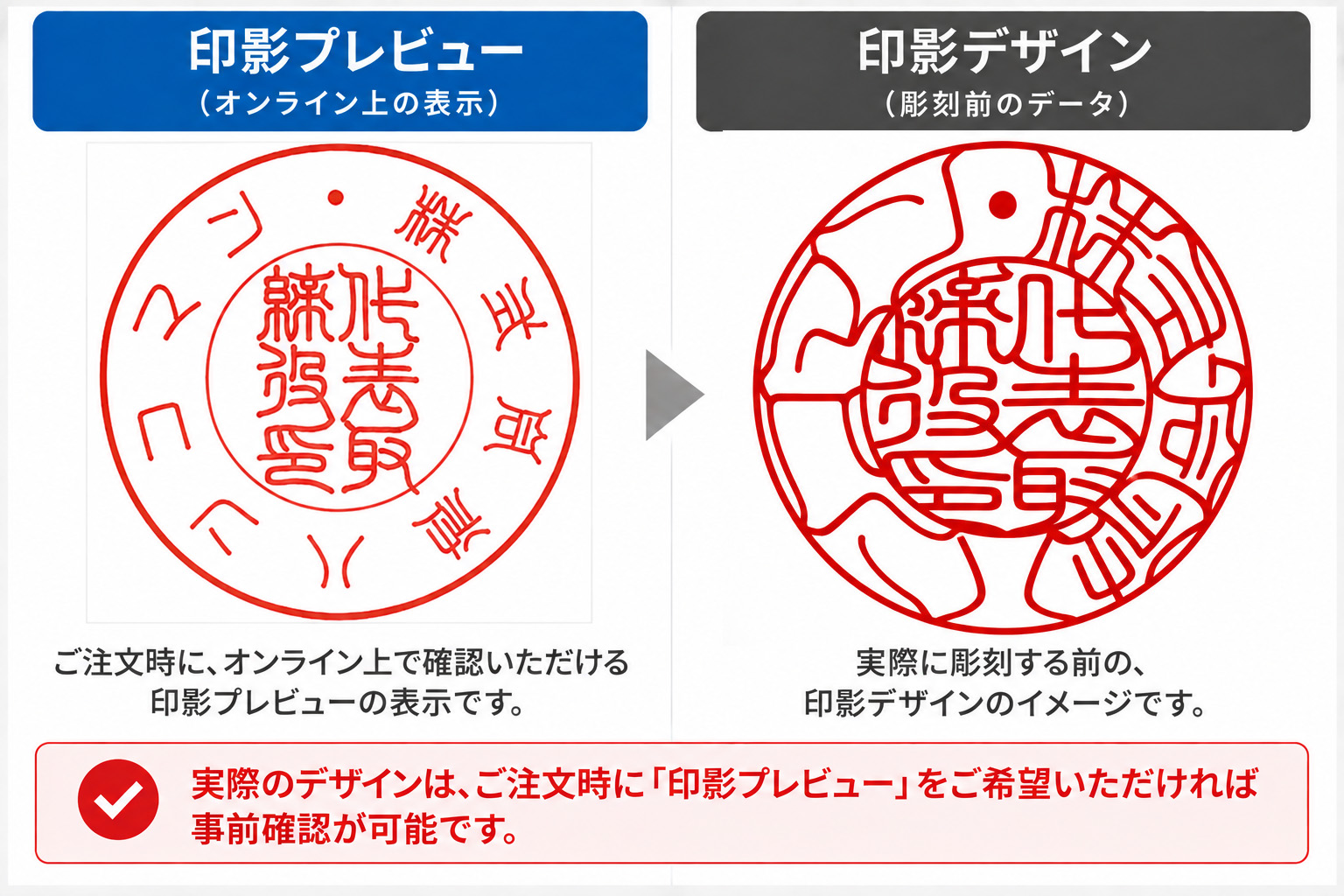 法人丸印 印影プレビューと実際の彫刻前データ比較画像