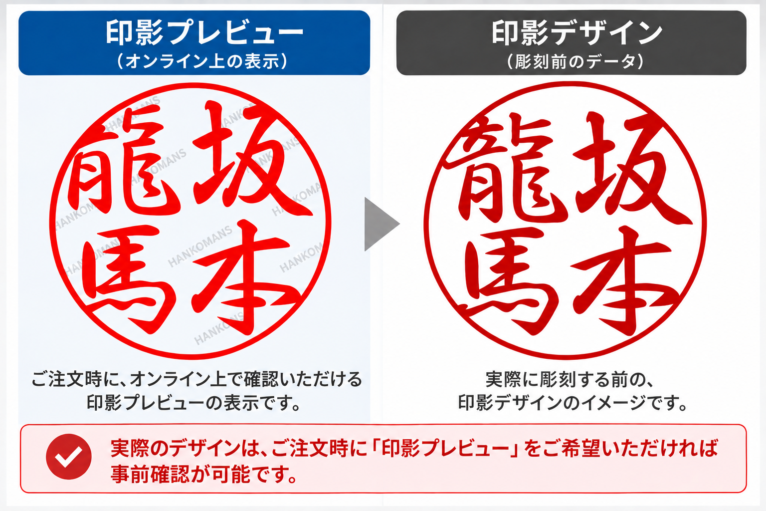 個人丸印 印影プレビューと実際の彫刻前データ比較画像