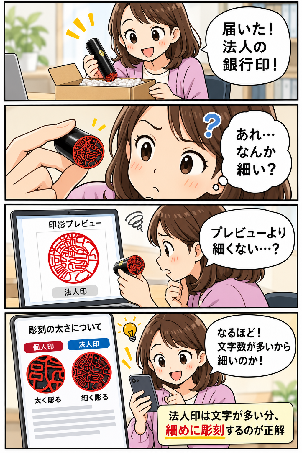 法人印が届いて彫刻の細さに戸惑うお客様の4コマ漫画｜文字数が多いから細めに彫刻するのが正解