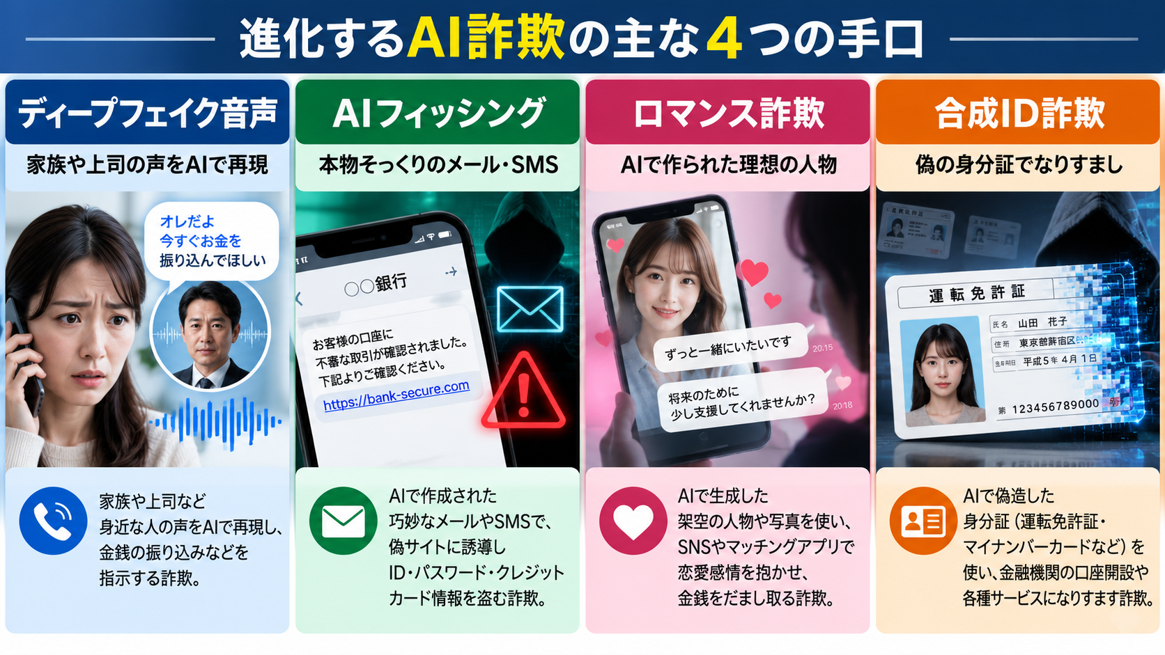 AI詐欺の主な手口（ディープフェイク音声・AIフィッシング・ロマンス詐欺・合成ID詐欺）を並べたインフォグラフィック