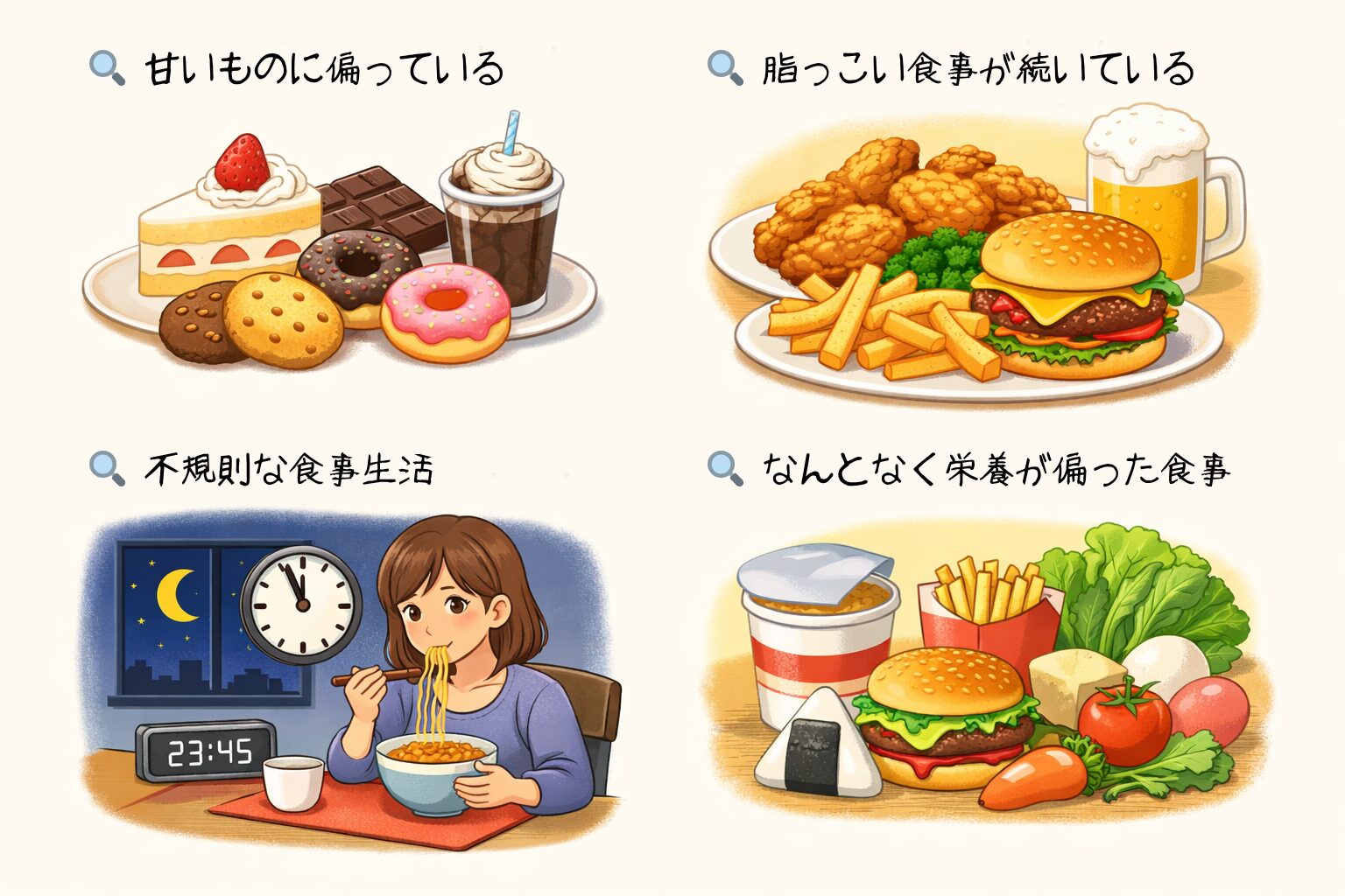 ニキビが気になるときに見直したい食習慣のイラスト