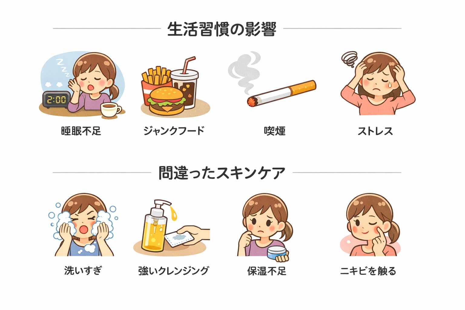 ニキビを悪化させるNG習慣のイラスト