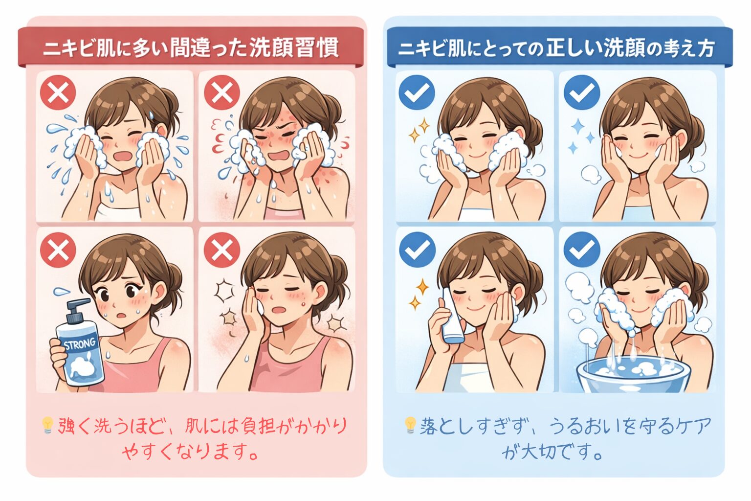 ニキビ肌に多い間違った洗顔習慣と正しい洗顔の考え方