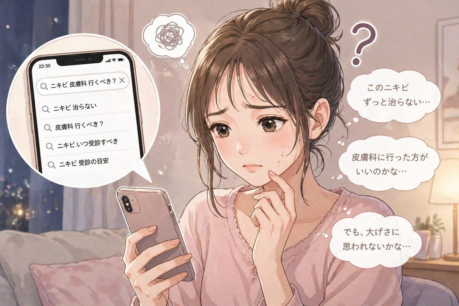 ニキビで皮膚科に行くべきか悩んでいる女性