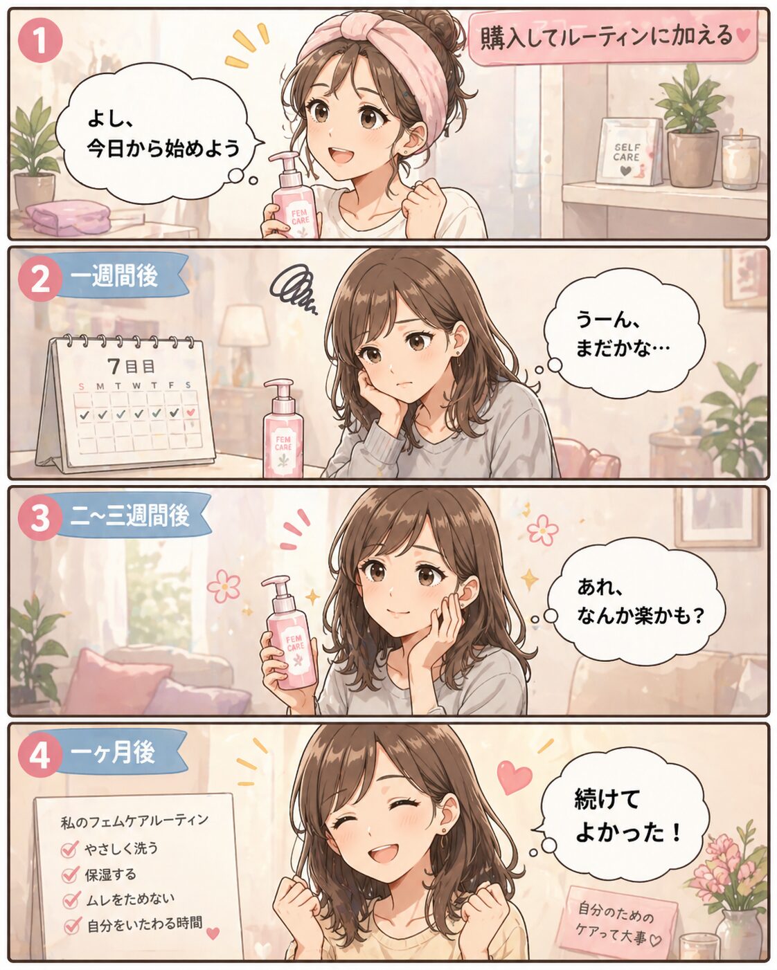 フェムケアを始めた1ヶ月の変化を表す4コマイラスト
