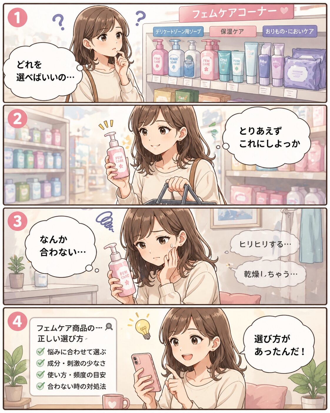 ドラッグストアでフェムケアを選ぶ女性のイラスト