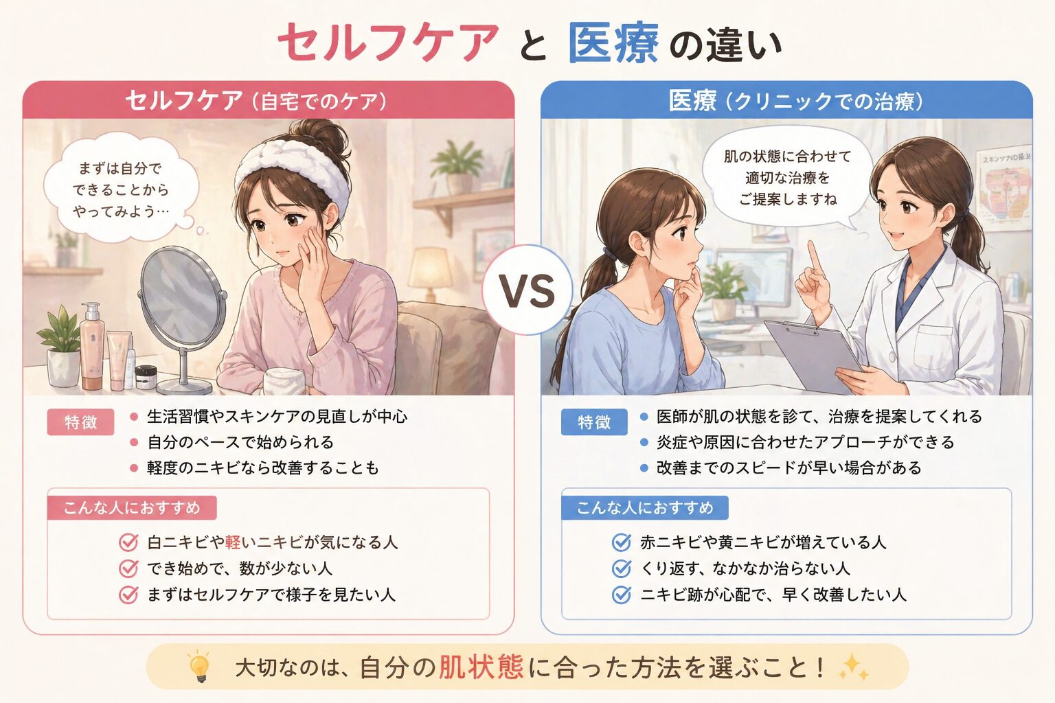 セルフケアとクリニック受診の違いイメージ