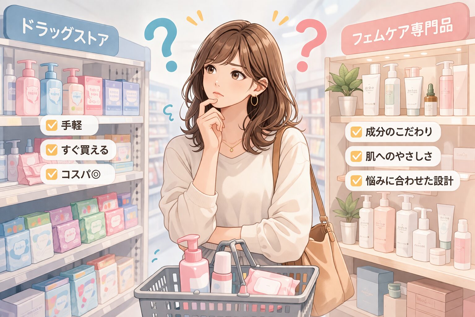ドラッグストアか専門品か悩む女性のイラスト
