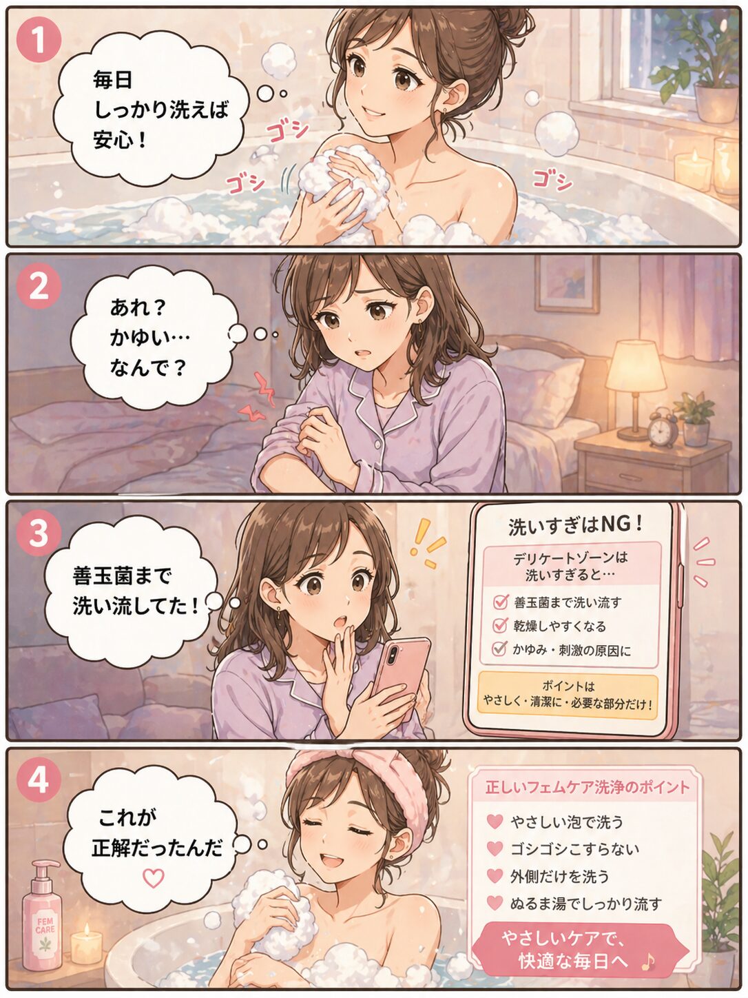 洗いすぎNGな理由を伝える4コマイラスト