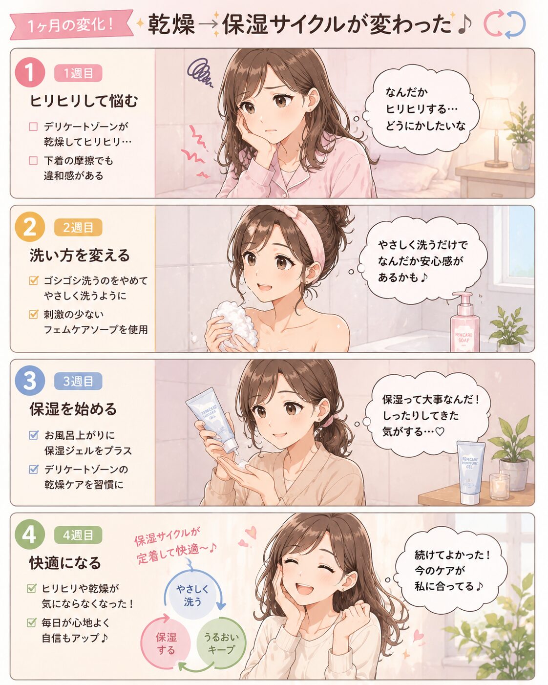 デリケートゾーンの乾燥ケアで変化した1ヶ月の記録4コマイラスト