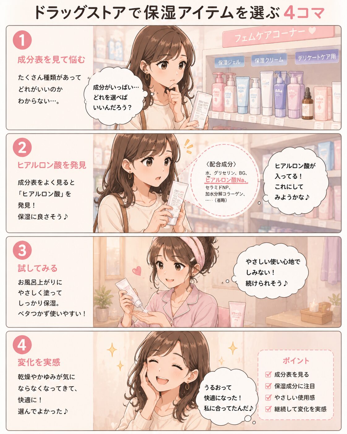 ドラッグストアで保湿アイテムを選ぶ4コマイラスト