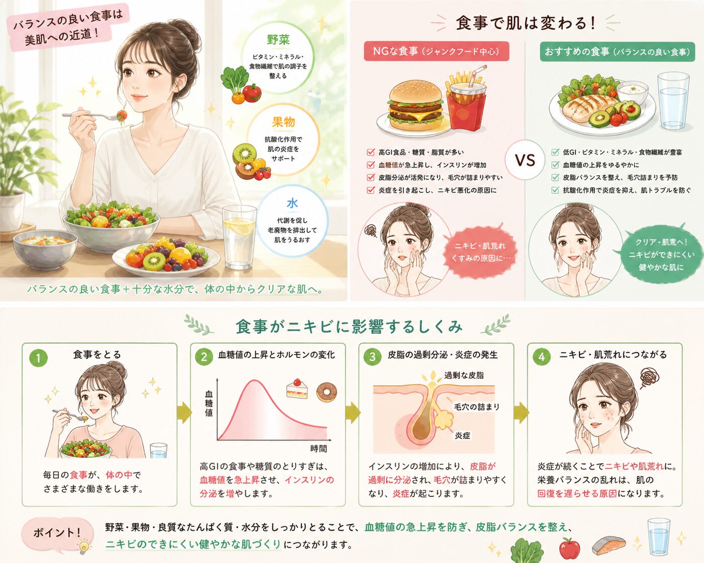 食事がニキビに影響するしくみ——バランスの良い食事vs NGな食事、影響4ステップ