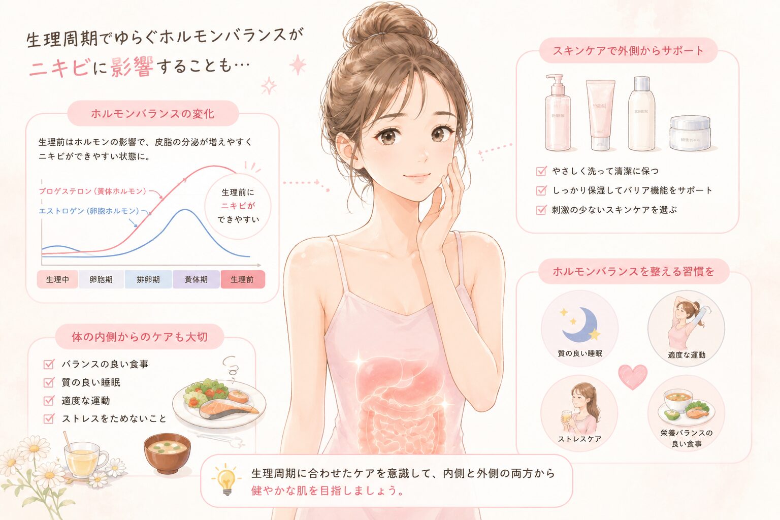 生理周期でゆらぐホルモンバランスがニキビに影響する仕組み——内側・外側からのケア図解