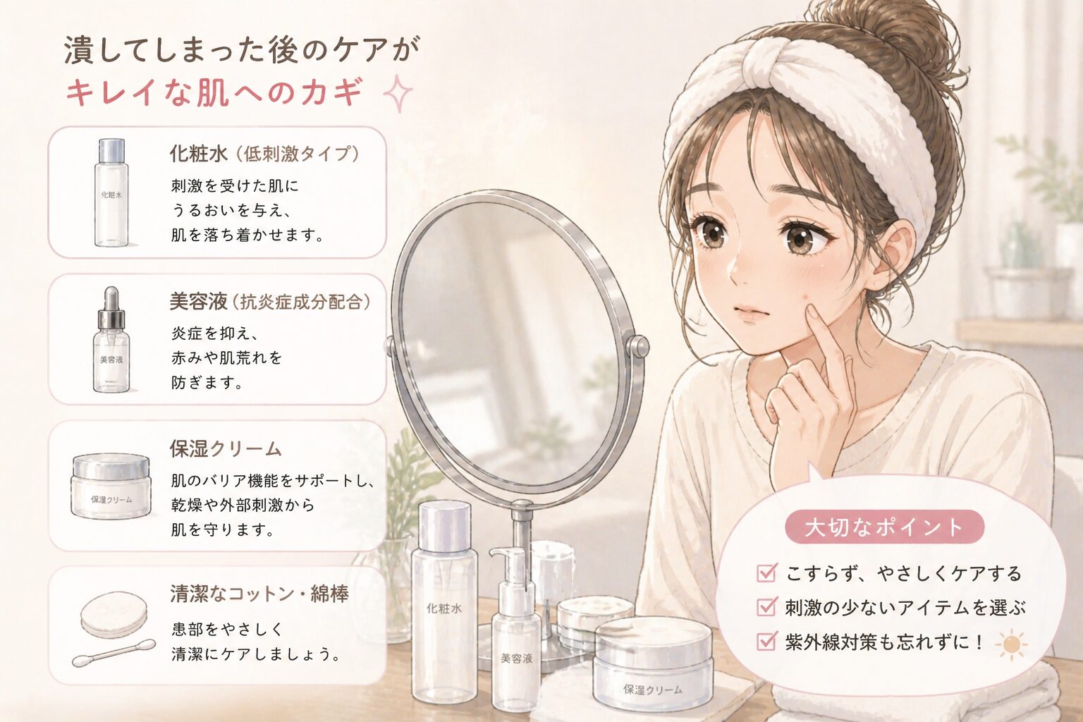 ニキビを潰してしまった後のスキンケアイメージ